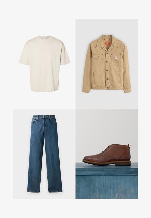 Levi's® Workwear SUNRISE TRUCKER - Let jakke / Sommerjakker - tiger's eye; Simpel beige kortærmet oversize bomuld t-shirt med rund halsudskæring, vist fladt på hvid baggrund.; Mørkeblå denimjeans med en afslappet pasform, lige ben, fem lommer og kontrasterende syninger. Har en frontknap og lynlås lukning.; Brun poleret læderankelstøvle med snørebånd, svævende over et lysnet sprukket betongulv med slørede planter og vindue i baggrunden.