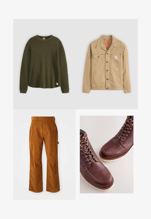 Levi's® Workwear SUNRISE TRUCKER - Letná bunda - tiger's eye; Olivovo zelený sveter s dlhým rukávom vyrobený z textúrovaného, ribbed materiálu s okrúhlym výstrihom, voľným strihom a malou značkovou nálepkou na dolnom leme.; Hnedé kordové nohavice s rozšírenými nohavicami, s bočnými vreckami a predným zapínaním na gombík. Tkanina je mäkká a ribbovaná.; Hnedé kožené topánky s hladkým povrchom, vybavené kovovými očkami, sivými šnúrkami a krémovo sfarbenou gumovou podrážkou. Stehovanie pozdĺž okrajov.