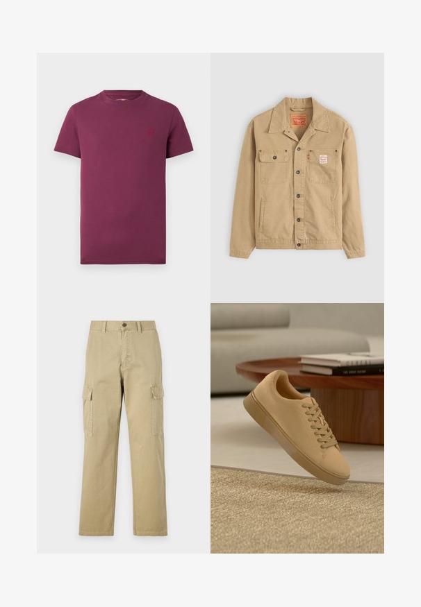 Levi's® Workwear SUNRISE TRUCKER - Leichte Jacke - tiger's eye; Burgunderfarbenes T-Shirt mit kurzen Ärmeln aus Baumwolle, mit Rundhalsausschnitt und einem kleinen gestickten Logo auf der linken Brust. Glatte Textur.; Beige Cargo-Hosen aus Baumwolle, mit zwei Seitentaschen, einem Knopfverschluss und geraden Beinen aus einem leicht strukturierten Stoff.; Beiger geschnürter Sneaker, der über einem strukturierten Teppich mit Holzcouchtisch und gestapelten Büchern im verschwommenen Hintergrund schwebt.
