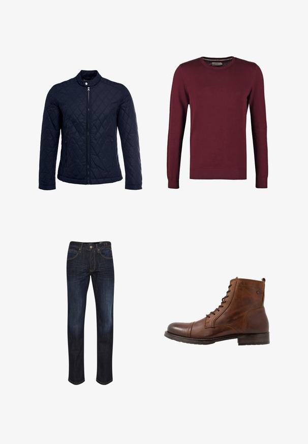 Marineblå quiltet jakke med ståkrave, fuld lynlås foran og to sidelommer. Materialet har en glat tekstur med diamantmønstre.; Bordeaux crewneck sweater lavet af glat stof, med lange ærmer og ribbet manchetter og kant for ekstra tekstur.; Mørkeblå denimjeans med lige ben, fem lommer, gyldne stikninger og en glat tekstur. Knaplukning ved taljen.; Brune læderankelstøvle med snørebånd, rund tå, gummisål og subtil ton i ton syning. Har en lille løkke på bagsiden.