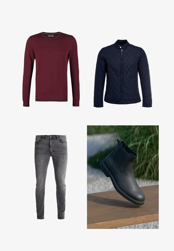 Veste matelassée bleu marine avec col montant, fermeture éclair sur le devant et deux poches latérales. Le matériau a une texture lisse avec des motifs en losange.; Pull en jersey bordeaux avec un col rond, fabriqué en tissu lisse, doté de manches longues et de poignets et ourlet côtelés pour une texture supplémentaire.; Jeans en denim gris slim-fit avec une légère élasticité. Comprend cinq poches, une fermeture éclair et un bouton métallique contrastant. Texture délavée.; Bottine en cuir noir avec des panneaux latéraux élastiques, des accents texturés et une semelle en caoutchouc ; l'affichage comprend une surface en bois et de la verdure.