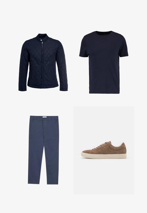 Chaqueta acolchada de color navy que cuenta con un cuello alzado, cierre frontal completo y dos bolsillos laterales. El material tiene una textura suave con patrones en forma de rombo.; Pier One by Zalando Camiseta básica - dark blue; Chinos de algodón azul marino con corte recto, dos bolsillos frontales y un sutil detalle de costura, que cuentan con una cinturilla con cierre de botón.; Zapatillas casuales de ante marrón con perfil bajo, suela de goma beige plana y seis agujeros para los cordones. Punta redondeada y diseño minimalista.