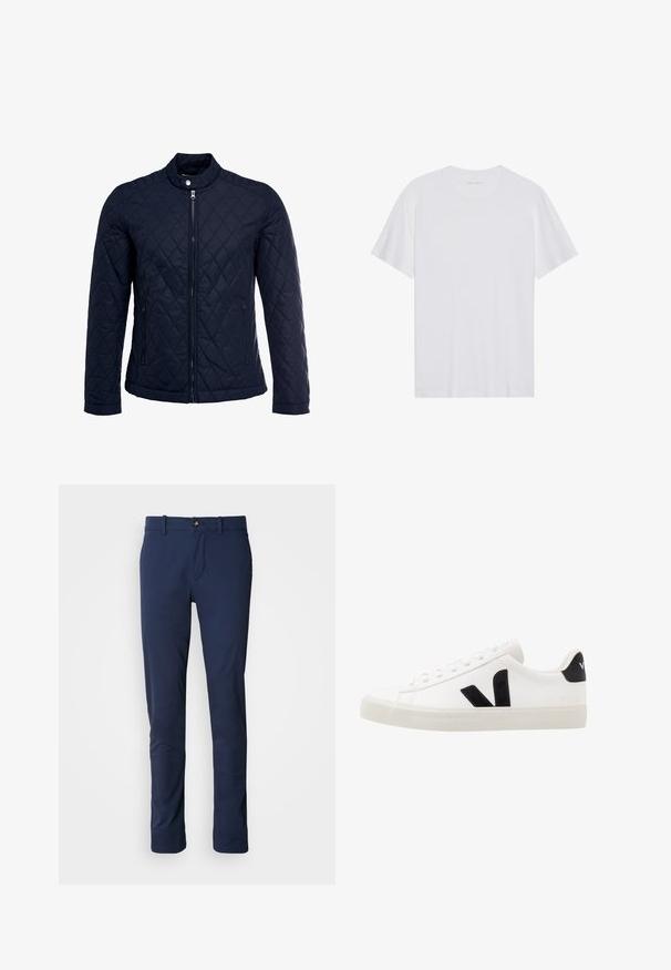 Chaqueta acolchada de color navy que cuenta con un cuello alzado, cierre frontal completo y dos bolsillos laterales. El material tiene una textura suave con patrones en forma de rombo.; Camiseta de algodón blanca con mangas cortas, cuello redondo y una textura suave. Presenta una marca mínima en el escote.; Pantalones azul marino de tela suave, con un diseño de pierna recta, cierre de cremallera y un único bolsillo frontal con cierre de botón.; Zapatilla de cuero blanca con acentos de ante negro; presenta una suela de goma, puntera redonda y un diseño clásico de cordones. Logo lateral en negro.