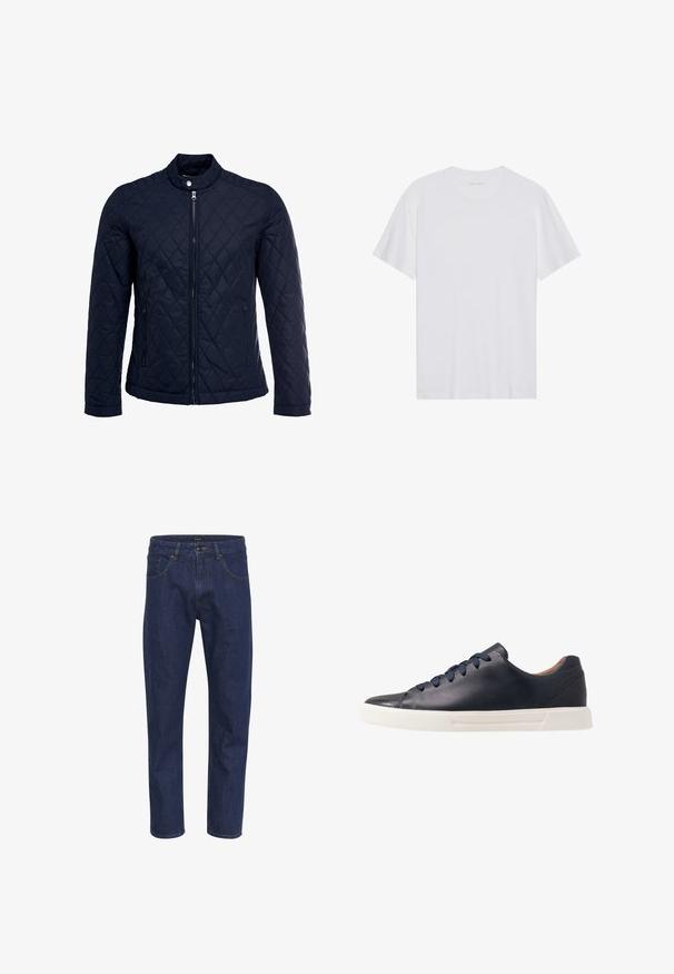 Chaqueta acolchada de color navy que cuenta con un cuello alzado, cierre frontal completo y dos bolsillos laterales. El material tiene una textura suave con patrones en forma de rombo.; Camiseta de algodón blanca con mangas cortas, cuello redondo y una textura suave. Presenta una marca mínima en el escote.; Jeans de mezclilla azul oscuro con corte recto, cinco bolsillos y costuras amarillas. La tela tiene una textura suave.; Zapatillas de cuero azul marino con un acabado suave, suela plana de goma blanca, puntera redonda y seis cordones azul marino pasados por ojales redondos.