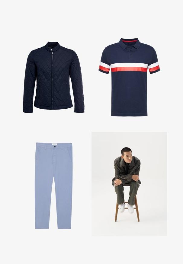 Marinefarbenes wattiertes Jackett mit Stehkragen, durchgehendem Reißverschluss und zwei seitlichen Taschen. Das Material hat eine glatte Textur mit Rautenmuster.; Navyblaues Polohemd mit rot-weißen horizontalen Streifen an den Ärmeln und der Brust, aus Baumwolle gefertigt, mit Kragen und einer Knopfleiste mit zwei Knöpfen.; Himmelblaue Chinos aus weichem Stoff, ausgestattet mit zwei Fronttaschen und einem Knopfverschluss. Gerade geschnittenes Design mit klaren Linien.; Junger Mann in dunkler Lederjacke und Jeans sitzt auf einem Holzstuhl, lehnt sich mit verschränkten Armen nach vorne und schaut seitlich vor weißem Hintergrund.