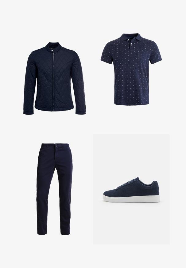 Chaqueta acolchada de color navy que cuenta con un cuello alzado, cierre frontal completo y dos bolsillos laterales. El material tiene una textura suave con patrones en forma de rombo.; Polo azul marino de algodón, con corte recto, mangas cortas, cuello, un bolsillo y un pequeño estampado de anclas en toda la prenda.; Chinos azul marino hechos de una mezcla de algodón, con un diseño de pierna recta, bolsillos frontales, cierre de cremallera y una cinturilla con un solo botón.; Zapatillas de ante azul marino con puntera redonda, suela de goma blanca y seis ojales para cordones. Textura suave y diseño minimalista. Vista lateral mostrada.