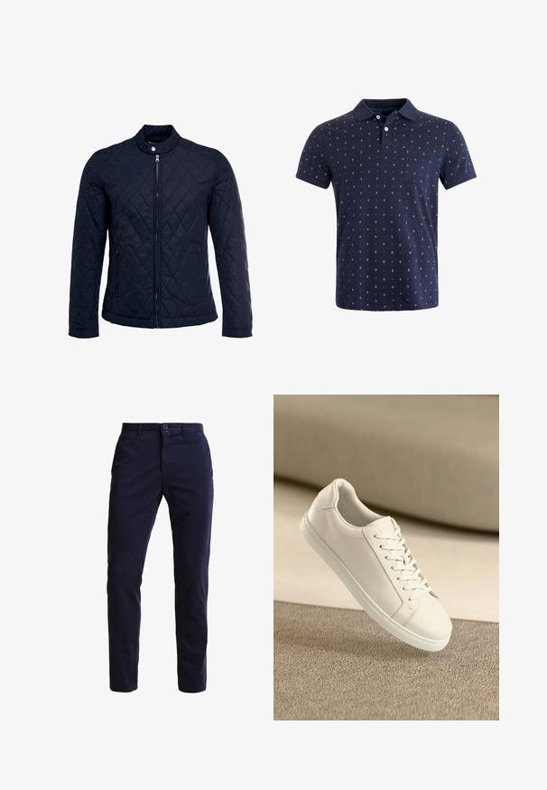 Marinefarbenes wattiertes Jackett mit Stehkragen, durchgehendem Reißverschluss und zwei seitlichen Taschen. Das Material hat eine glatte Textur mit Rautenmuster.; Marineblaue Polo-Shirt aus Baumwolle, mit geradem Schnitt, kurzen Ärmeln, Kragen, Tasche und einem kleinen Anker-Muster über das gesamte Shirt.; Marineblaue Chinohosen aus einem Baumwollmischgewebe, mit geradem Bein, Fronttaschen, einem Reißverschluss sowie einem einzelnen Knopfverschluss am Bund.; Weißes Leder Sneaker mit weißen Schnürsenkeln, auf einer beigefarbenen strukturierten Oberfläche präsentiert, und einem sanft verschwommenen Hintergrund.
