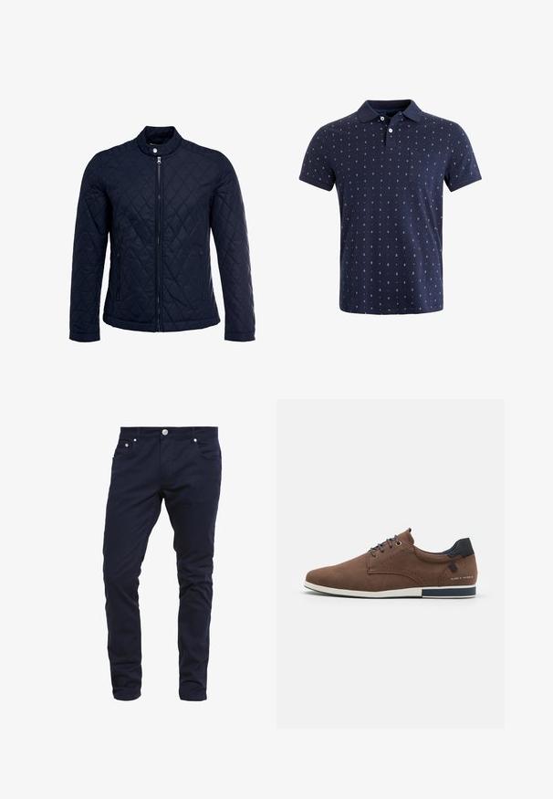 Veste matelassée bleu marine avec col montant, fermeture éclair sur le devant et deux poches latérales. Le matériau a une texture lisse avec des motifs en losange.; Polo en coton bleu marine, avec une coupe droite, des manches courtes, un col, une poche et un petit motif d'ancre sur l'ensemble.; Pantalons slim-fit bleu marine en tissu mélangé coton, dotés d'une fermeture à bouton, de cinq poches et de détails de couture subtils.; Chaussures en cuir marron avec une texture lisse, présentant des accents bleu marine, des lacets ronds, un détail perforé et une semelle en caoutchouc blanche.