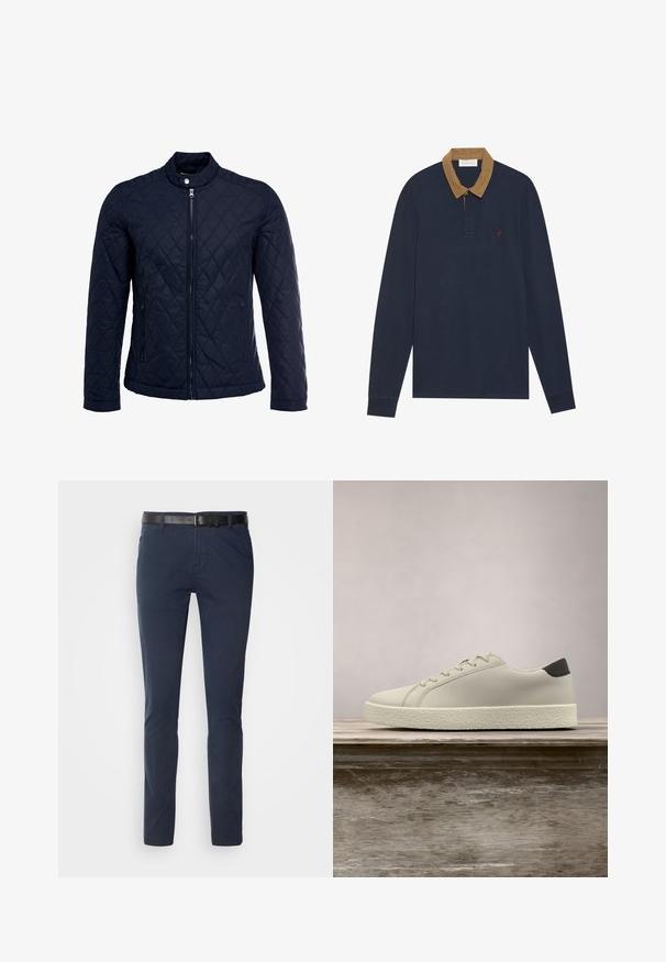 Marinefarbenes wattiertes Jackett mit Stehkragen, durchgehendem Reißverschluss und zwei seitlichen Taschen. Das Material hat eine glatte Textur mit Rautenmuster.; Marineblaues Langarm-Polohemd mit einem Kordhals in Beige. Hat ein kleines rotes Logo auf der Brust, mit geknöpftem Ausschnitt und gerippten Bündchen.; Marineblaue Baumwollhose im slim fit, mit einem strukturierten schwarzen Ledergürtel und klassischen Taschen. Schlichtes Design, ohne Muster.; Weißer Sneaker mit strukturierter Sohle und schwarzem Absatzdetail, schwebend über einer Holzbank mit hohem grünem Gras im Hintergrund.