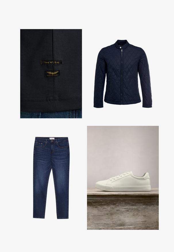 Chaqueta acolchada de color navy que cuenta con un cuello alzado, cierre frontal completo y dos bolsillos laterales. El material tiene una textura suave con patrones en forma de rombo.; Camiseta de algodón negra con una textura suave. Presenta dos etiquetas: "TIPO NO: C-46" y "CLÁSICO AMERICANO" en amarillo sobre fondo oscuro.; Jeans ajustados de color azul oscuro con cinco bolsillos, cierre de botones y costuras de contraste, etiquetados como Pier One en la cinturilla.; Zapatilla blanca con cordones flotando sobre un banco de madera con follaje verde al fondo, mostrando el diseño y la textura del zapato.