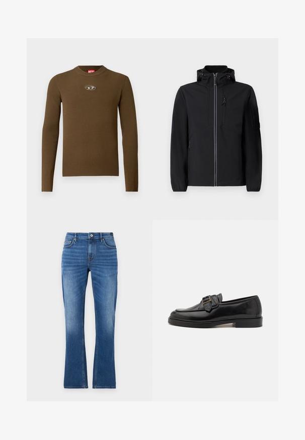 Chaqueta softshell negra con un collar alto, cremallera frontal, dos bolsillos laterales y un bolsillo en el pecho. Cuenta con capucha ajustable y puños elásticos.; Top de manga larga de canalé marrón con cuello redondo y un parche con logo en el pecho. La textura es suave y ajustada, fabricada en material elástico.; Vaqueros acampanados de mezclilla en azul medio. Presentan un diseño de cinco bolsillos, detalles cosidos, un cierre de botón y una textura ligeramente desgastada en las piernas.; Mocasines de cuero negro con punta redonda y un acento decorativo de hebilla. Tacón plano y sólido, con una textura suave en todo el zapato.