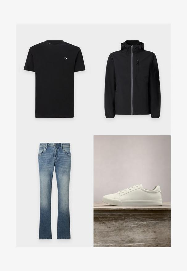 Schwarze Softshell-Jacke mit hohem Kragen, Frontreißverschluss, zwei Seitentaschen und einer Brusttasche. Verfügt über eine verstellbare Kapuze und elastische Bündchen.; Schwarz Baumwoll-T-Shirt mit kurzen Ärmeln, rundem Halsausschnitt und einem kleinen weißen Logo auf der linken Brustseite. Glatte Textur, schlichtes Design.; Helleblaue Bootcut-Jeans aus Denim mit einem Farbverlauf, Fünf-Taschen-Design, Metallknopfverschluss und sichtbarem Stich entlang der Nähte.; Weiße Schnürsneaker, die über einer Holzbank mit grünem Laub im Hintergrund schweben und das Schuhdesign sowie die Textur zeigen.