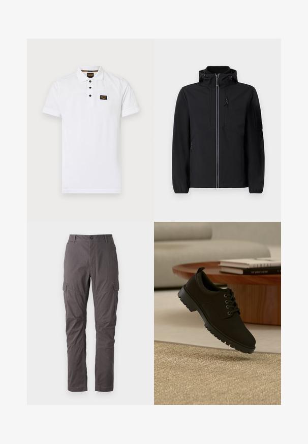 Schwarze Softshell-Jacke mit hohem Kragen, Frontreißverschluss, zwei Seitentaschen und einer Brusttasche. Verfügt über eine verstellbare Kapuze und elastische Bündchen.; Weißes Poloshirt aus strukturiertem Baumwollstoff, mit einem Drei-Knopf-Verschluss, kurzen Ärmeln und einem schwarzen Logo-Patch auf der Brust.; Graue Cargo-Hosen mit geradem Schnitt, ausgestattet mit mehreren Seitentaschen und verstärkten Nähten entlang der Beine. Hergestellt aus strapazierfähigem Stoff.; Schwarzer Leder-Schnürschuh mit klobiger Sohle, der über einem beigen Teppich in einem minimalistischen Wohnzimmer schwebt