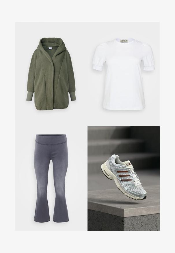 Oliven grøn fleecejakke med en stor hætte, oversized pasform og manchetterede ærmer. Har en blød, struktureret overflade og ingen lukninger.; Hvid kortærmet t-shirt lavet af bomuld, med rund halsudskæring og pufærmer med elastiske manchetter. Simpelt og klassisk design.; Grå flagrende bukser med en bred talje. Glat stof med en let glans, der falmer fra mørkt i toppen til lysere mod bunden.; Hvid og sølv Adidas løbesko med brune striber svæver over en betonkant mod en sløret grå baggrund.