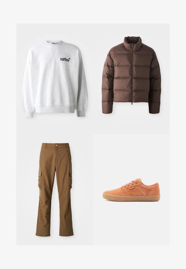 Brun pufferjakke med høj krave og frontal lynlås, som har horisontale kviltede sektioner og elastiske manchetter for varme.; Lys grå sweatshirt med rund halsudskæring, ribbede manchetter og kant. Har sort "Wittopia" logo på venstre brystområde. Blød tekstur.; Brune cargo-bukser med lige snit, der har to sidelommer og lynlåslukning. Lavet af tekstureret stof med en glat finish.; Tan ruskinds sneakers med en tekstureret overflade, rund tå og gummisål. Har snørebåndsdesign og syede detaljer på siderne.