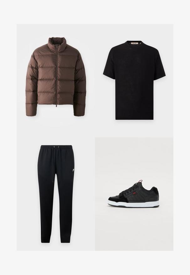 Bruine pufferjack met hoge kraag en ritssluiting aan de voorkant, met horizontale gestikte delen en elastische manchetten voor warmte.; Zwart T-shirt met korte mouwen en ronde hals, met het label "Only & Sons" aan de binnenkant van de kraag, weergegeven op een witte achtergrond.; Zwarte sweatpants van zacht materiaal, met een elastische tailleband met trekkoord, cuffs bij de enkels en een klein logo-detail aan de zijkant.; Zwarte sneakers met een gestructureerd leren en synthetisch bovenwerk, uitgerust met een witte rubberen zool, rode accenten en geperforeerde zijpanelen.