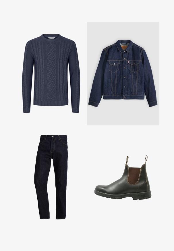 Donkerblauwe spijkerjack met kraag, knoopsluiting aan de voorkant, twee borstzakken en zijzakken. Contrasterende stiksels en logo-tab op de linkerzak.; Navyblauwe gebreide trui met getextureerde kabelpatronen, ronde halslijn en geribbelde manchetten en onderkant. Gemaakt van zacht, duurzaam materiaal.; Donkerblauwe spijkerbroek met een rechte pasvorm, voorzien van gele stiksels, vijf zakken en een klassieke knoop- en ritsluiting.; Chelsea-boots van glad zwart leer met bruine elastische zijpanelen, contrasterende stiksels en een gestructureerde rubberen zool.