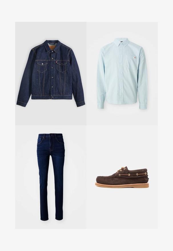 Dunkelblaue Jeansjacke mit Kragen, Knopfleiste, zwei Brusttaschen und Seitentaschen. Kontrastnähte und ein Logoschild auf der linken Tasche.; Helles blaues Langarm-Hemd mit Knopfleiste, Knopfkragen und Brusttasche, die mit einem kleinen roten und weißen Logopatch versehen ist.; Dunkelblaue Denim-Jeans mit geradem Schnitt, fünf Taschen und subtiler Naht. Der Stoff hat eine glatte Textur.; Braune Wildleder-Bootsschuhe mit Leder-Schnürsenkeln, goldenen Ösen, gesticktem Mokassin-Zehen und hellbrauner Gummisohle auf weißem Hintergrund.
