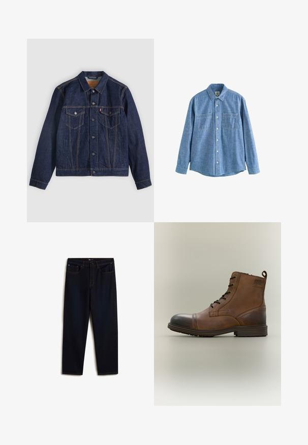 Mørkeblå denimjakke med krave, knaplukning foran, to brystlommer og sidelommer. Kontrastsyninger og fanebladslogo på venstre lomme.; Langærmet blå chambray-skjorte med knaplukning foran og to brystlommer, lagt fladt på en hvid baggrund.; Vans Jeans Relaxed Fit - dark blue; Brun læderstøvle med snørebånd, sort tåhætte, rund sål og mærket detalje på siden mod ensfarvet baggrund.