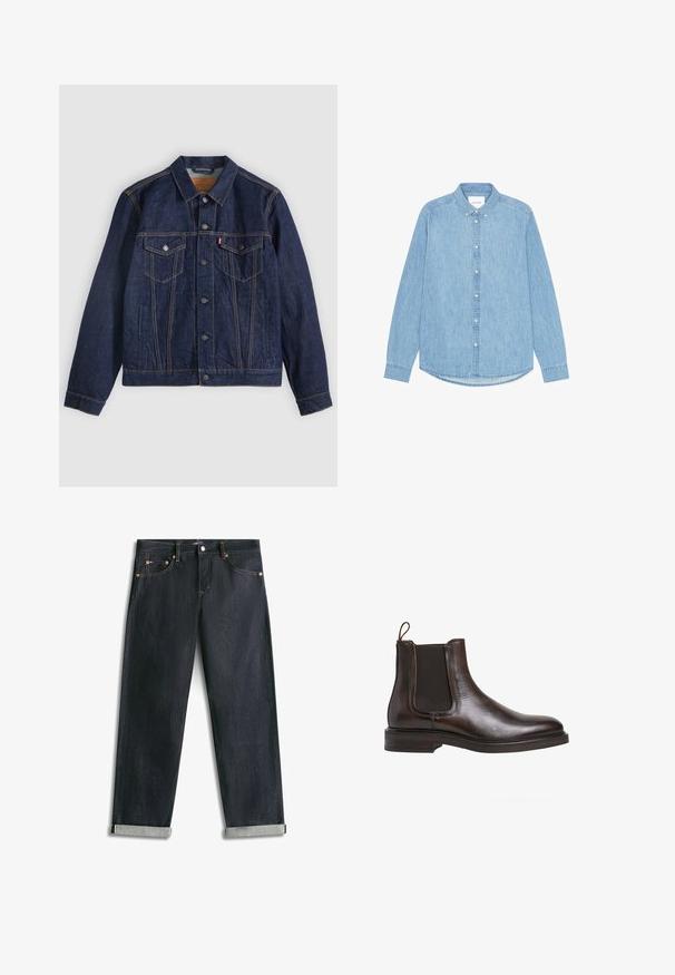 Dunkelblaue Jeansjacke mit Kragen, Knopfleiste, zwei Brusttaschen und Seitentaschen. Kontrastnähte und ein Logoschild auf der linken Tasche.; Hellblaues Denim-Hemd mit Knöpfen, langen Ärmeln, spitzem Kragen und abgerundetem Saum. Verfügt über eine vordere Knopfverschlussleiste und ein kleines Logodetail.; Dunkelblaue Denim-Jeans mit umgeschlagenen Bündchen, fünf Taschen und kontrastierender Naht, flach auf weißem Hintergrund liegend.; Braune Leder-Chelsea-Boots mit elastischen Seiteneinsätzen, Schlupfgriff und niedrigem, gestapeltem Absatz. Glatte Textur und schlanke Silhouette.