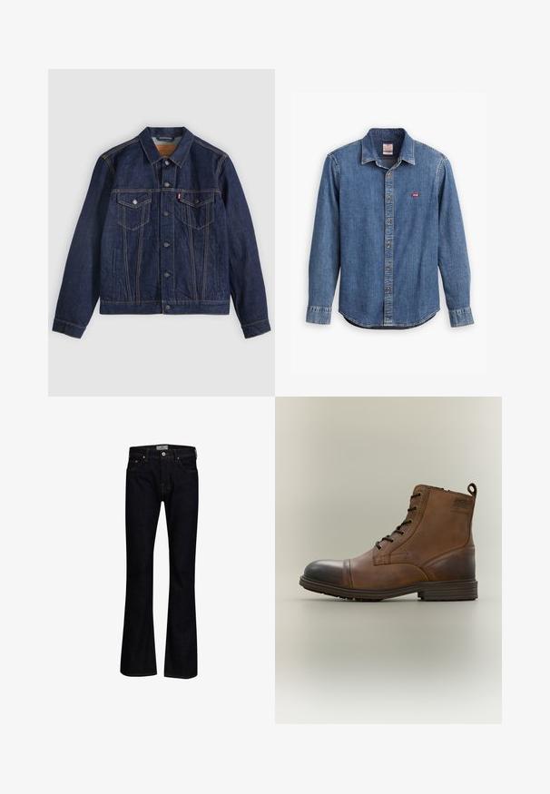 Veste en denim bleu foncé avec col, boutons sur le devant, deux poches poitrine et poches latérales. Couture contrastée et logo en forme d'onglet sur la poche gauche.; Chemise en denim bleu foncé avec un col boutonné, des manches longues, des accents cousus et un petit logo rouge sur la poche de la poitrine.; Jean évasé bleu foncé en denim avec une texture lisse. Doté de cinq poches, de quincaillerie en laiton et de surpiqûres contrastées.; Botte cheville en cuir marron à lacets avec bout noir, semelle ronde et détail de marque sur le côté sur fond uni.