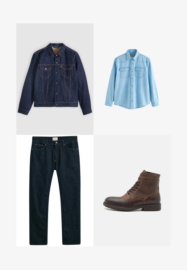 Mørkeblå denimjakke med krave, knaplukning foran, to brystlommer og sidelommer. Kontrastsyninger og fanebladslogo på venstre lomme.; Lyseblå denimskjorte med lange ærmer, knapper foran og to brystlommer med knaplukning.; Mørkeblå denim jeans med lige ben, fem lomme styling og kontrastsyet på sømmene. Glat stoftekstur.; Jack & Jones JFWDELANEY BOOT - Snørestøvletter - cognac