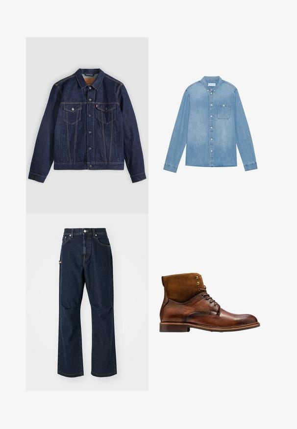 Mørkeblå denimjakke med krave, knaplukning foran, to brystlommer og sidelommer. Kontrastsyninger og fanebladslogo på venstre lomme.; Lys blå denim skjorte med knapper, lange ærmer, spids krave, en enkelt brystlomme og subtil falmning på stoffet.; Mørkeblå denim jeans med lige ben, frontlommer og en sidelomme. Har stiklinger i kontrastfarve og en knap i taljen.; Kazar ALID - Snørestøvletter - brown