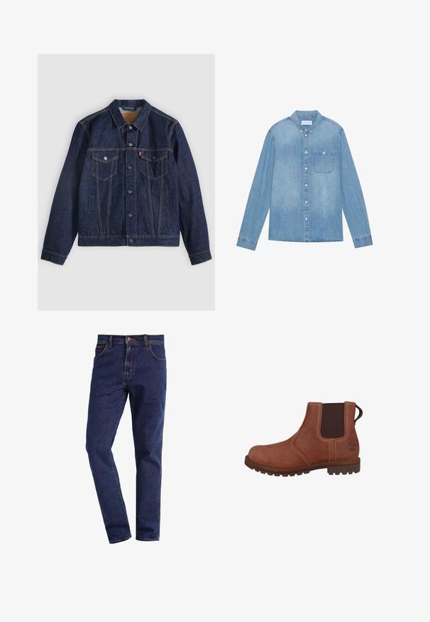 Dunkelblaue Jeansjacke mit Kragen, Knopfleiste, zwei Brusttaschen und Seitentaschen. Kontrastnähte und ein Logoschild auf der linken Tasche.; Hellblaues Denim-Hemd mit Knopfleiste, langen Ärmeln, spitzem Kragen, einer Brusttasche und dezentem Verblassen des Stoffes.; Dunkelblaue gerade geschnittene Denim-Jeans mit Vordertaschen, Knopfverschluss, Gürtelschlaufen und sichtbaren Nähten.; Braune Leder-Chelsea-Stiefel mit elastischen Seitenpaneelen, gestickten Akzenten und einer Gummisohle mit einem Profilmuster. Enthält ein Logodetail.