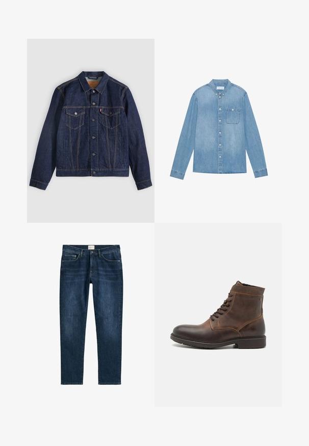 Dunkelblaue Jeansjacke mit Kragen, Knopfleiste, zwei Brusttaschen und Seitentaschen. Kontrastnähte und ein Logoschild auf der linken Tasche.; Hellblaues Denim-Hemd mit Knopfleiste, langen Ärmeln, spitzem Kragen, einer Brusttasche und dezentem Verblassen des Stoffes.; Dunkelblaue Denim-Jeans mit geradem Bein, fünf Taschen, Gürtelschlaufen und dezentem Verblassen. Der Stoff hat eine glatte Textur.; Jack & Jones JFWDELANEY BOOT - Schnürstiefelette - cognac