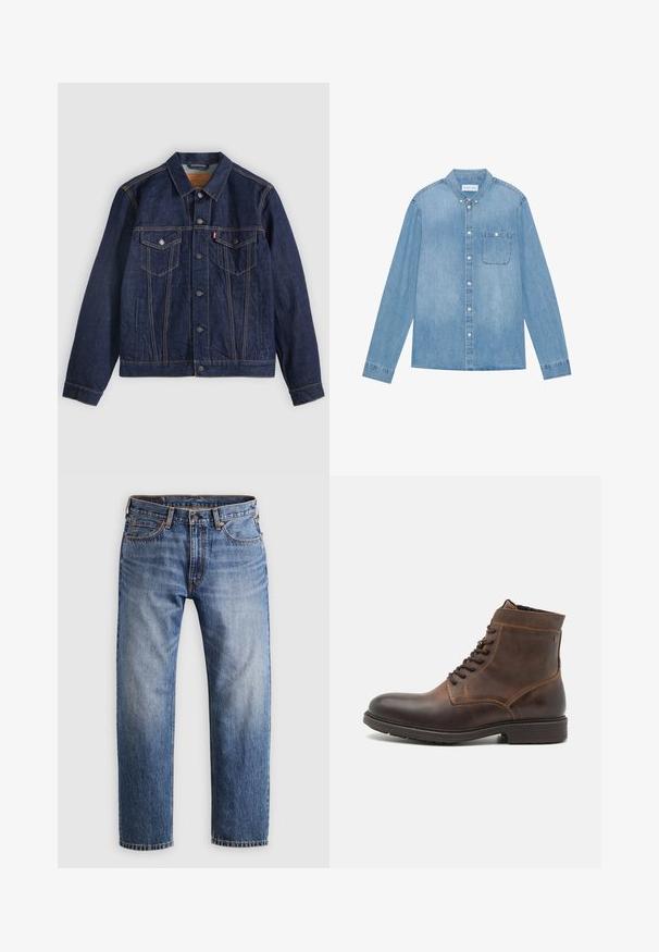 Mørkeblå denimjakke med krave, knaplukning foran, to brystlommer og sidelommer. Kontrastsyninger og fanebladslogo på venstre lomme.; Lys blå denim skjorte med knapper, lange ærmer, spids krave, en enkelt brystlomme og subtil falmning på stoffet.; Stumpe ben blå denim jeans med en knap- og lynlåslukning, fem lommer og orange syninger på en lys grå baggrund.; Jack & Jones JFWDELANEY BOOT - Snørestøvletter - cognac