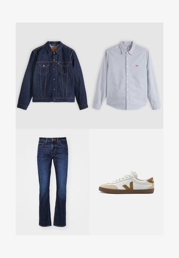 Veste en denim bleu foncé avec col, boutons sur le devant, deux poches poitrine et poches latérales. Couture contrastée et logo en forme d'onglet sur la poche gauche.; Chemise à manches longues, rayée bleu clair et blanc, avec col et petit logo rouge Levi's sur la poitrine gauche.; Jean en denim bleu foncé avec une coupe droite, comportant cinq poches, une fermeture à bouton et un léger délavage à l'avant.; Baskets blanches avec des accents en daim beige, dotées d'une semelle en caoutchouc marron texturé, de lacets, et d'un logo au niveau du talon.