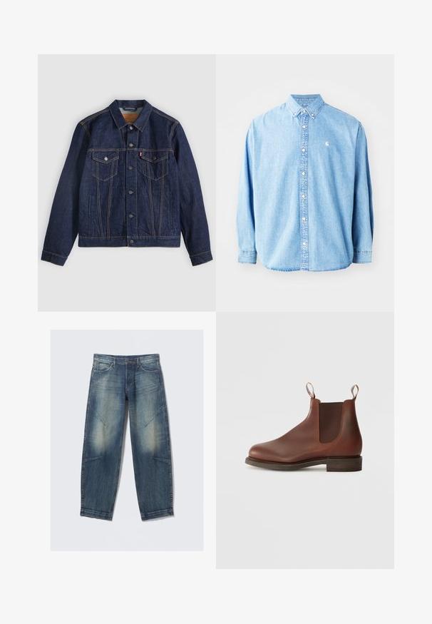 Dunkelblaue Jeansjacke mit Kragen, Knopfleiste, zwei Brusttaschen und Seitentaschen. Kontrastnähte und ein Logoschild auf der linken Tasche.; Hellblaue Jeanshemd mit langen Ärmeln, spitzem Kragen und kleinem Logo auf der linken Brust. Hat eine lockere Passform und ein klassisches Design.; Hellblaue Jeans aus Denim mit lockerem Schnitt, verwaschenen Stellen, Fronttaschen und diagonalen Nahtakzenten. Gerader Beinverlauf.; Braune Leder Chelsea-Stiefel mit elastischen Seiteneinsätzen, Zugschlaufe und niedrigem Blockabsatz. Glatte Textur mit runder Spitze und minimaler Gestaltung.