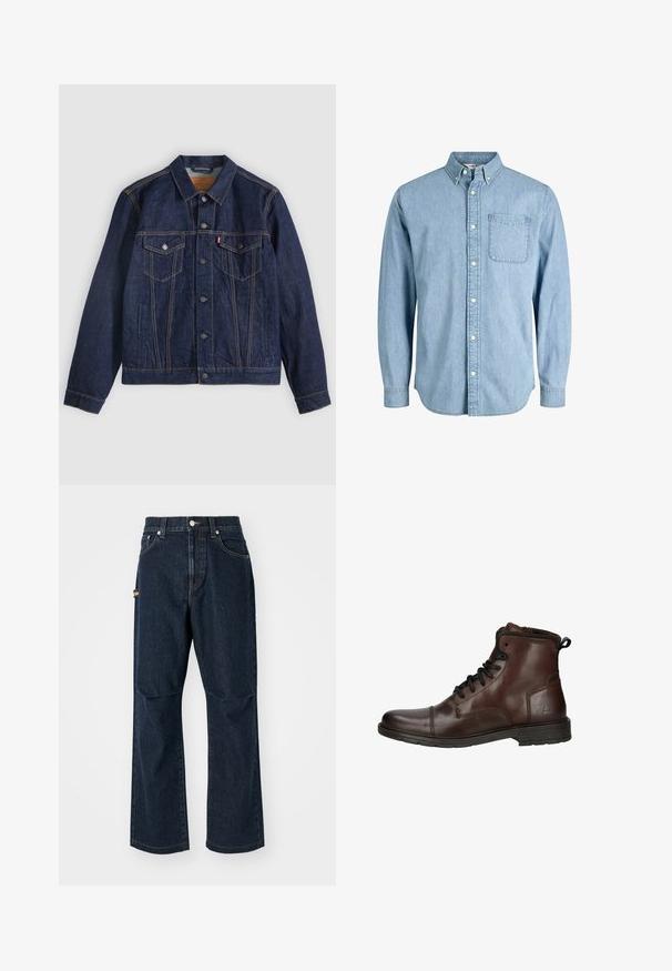 Mørkeblå denimjakke med krave, knaplukning foran, to brystlommer og sidelommer. Kontrastsyninger og fanebladslogo på venstre lomme.; Lyseblå denimskjorte med knapper, lange ærmer, krave, brystlomme og subtil tekstur. Har hvide knapper langs knapstolpen.; Mørkeblå denim jeans med lige ben, frontlommer og en sidelomme. Har stiklinger i kontrastfarve og en knap i taljen.; Brune læder ankelstøvler med en glat overflade, afrundet tå, sorte snørebånd og en struktureret gummisål. Har et lille logo på siden.