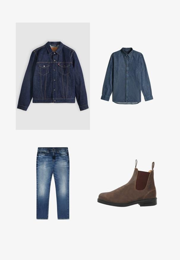 Donkerblauwe spijkerjack met kraag, knoopsluiting aan de voorkant, twee borstzakken en zijzakken. Contrasterende stiksels en logo-tab op de linkerzak.; Denim shirt, donkerblauw, lange mouwen, knoopsluiting aan de voorkant, kraag en een rechte zoom. Heeft een vage verticale textuur en zichtbare stikseldetails.; Blauwe vervaagde denim jeans met voorzakken, riemlussen en een knoopsluiting, plat gelegd op een witte achtergrond.; Bruine leren enkellaars met elastische zijpanelen, ronde neus en zwarte rubberen zool. Subtiele textuur en stiksels.