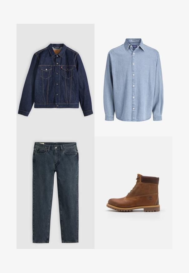 Dunkelblaue Jeansjacke mit Kragen, Knopfleiste, zwei Brusttaschen und Seitentaschen. Kontrastnähte und ein Logoschild auf der linken Tasche.; Himmelblaue Jeanshemd mit langen Ärmeln, Kragen und weißen Knöpfen, präsentiert vor einem schlichten weißen Hintergrund.; Dunkelblaue Denim-Jeans mit geradem Bein, fünf Taschen und einem Knopfverschluss. Subtile Ausbleichungen verleihen dem Stoff Textur.; Braune Lederwanderschuhe mit glatter Oberfläche, gepolstertem Knöchel, Metallösen und einer Gummisohle mit robustem Profil.