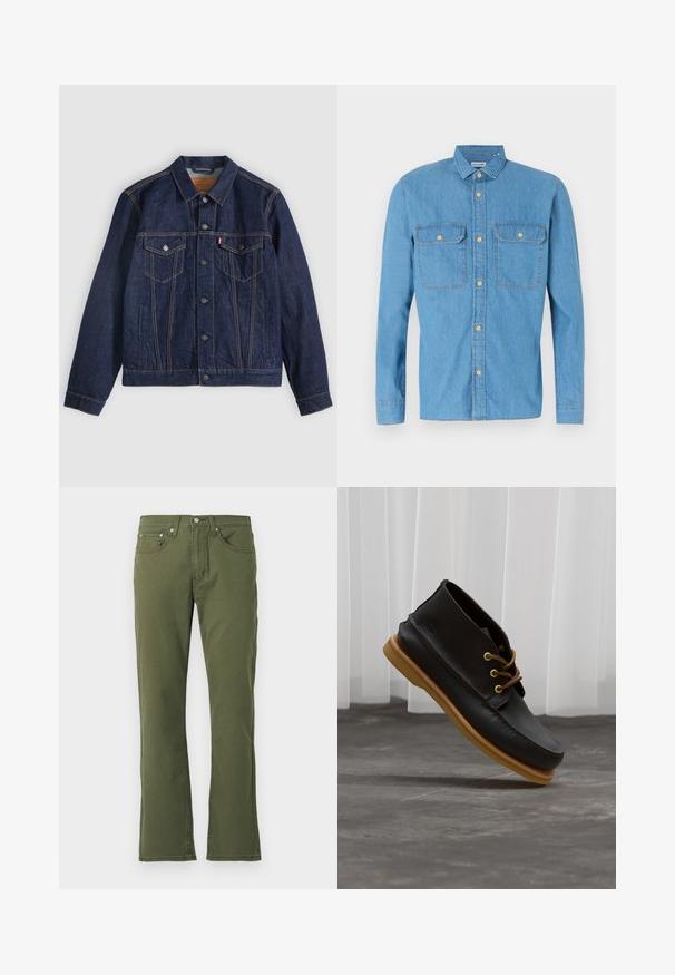 Tumesinine teksariidest jakk krae, nööpidega ees, kahe rinnatasku ja küljetaskutega. Kontrastsest niidist õmblused ja vasakul taskul logo; Hele helesinine denim-särk, millel on pikad varrukad, nööbid ees, kaks rinna taskut, terav krae ja kuldsed nööbid. Sile tekstuur, lõdva disainiga.; Olive roheline flared teksapüksid, mis on valmistatud puuvillast ja millel on sile tekstuur; sisaldab viit taskut, nööbi kinni panemist ja peeneid õmbluse detaile.; Mustad nahast kingad sileda viimistlusega, ümarate varvastega, pruunide nööpidega ja heledate pruunide kummitaldadega. Logoga embosseeritud küljele.