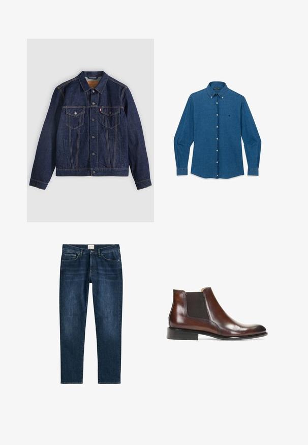 Donkerblauwe spijkerjack met kraag, knoopsluiting aan de voorkant, twee borstzakken en zijzakken. Contrasterende stiksels en logo-tab op de linkerzak.; Blauw denim overhemd met lange mouwen, knoopsluiting, een puntige kraag en een klein geborduurd logo op de linkerborst.; Donkerblauwe denim jeans met een rechte pijp, vijf zakken, riemlussen en subtiele vervaging. De stof heeft een gladde textuur.; Bruine leren enkellaars met elastische zijkanten, een gladde afwerking, gestikte details en een lage rechthoekige hak.
