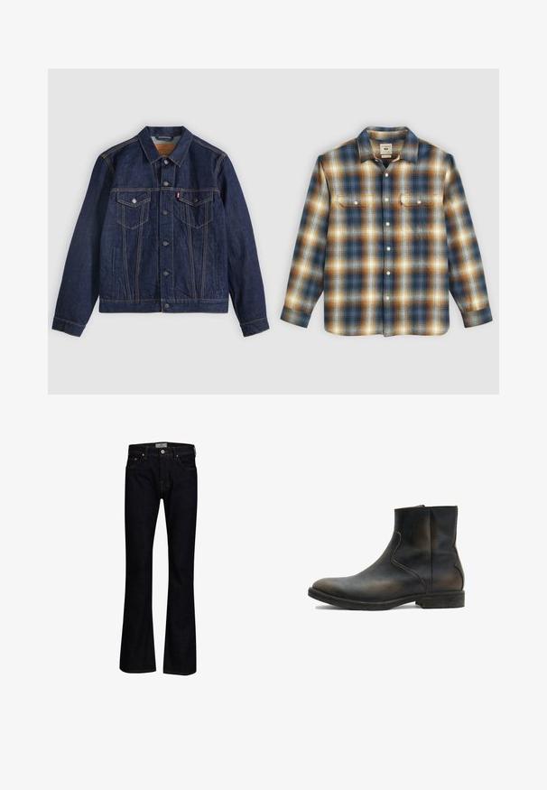 Mørkeblå denimjakke med krave, knaplukning foran, to brystlommer og sidelommer. Kontrastsyninger og fanebladslogo på venstre lomme.; Rutet flannel skjorte i blå, brun og creme farver, med to brystlommer, knapper langs fronten og et klassisk kravedesign.; Mørkeblå bukseskær med flared fit lavet af denim med en glat tekstur. Har fem lommer, messingbeslag og kontrastsygning.; AllSaints LANG - Støvletter - brown