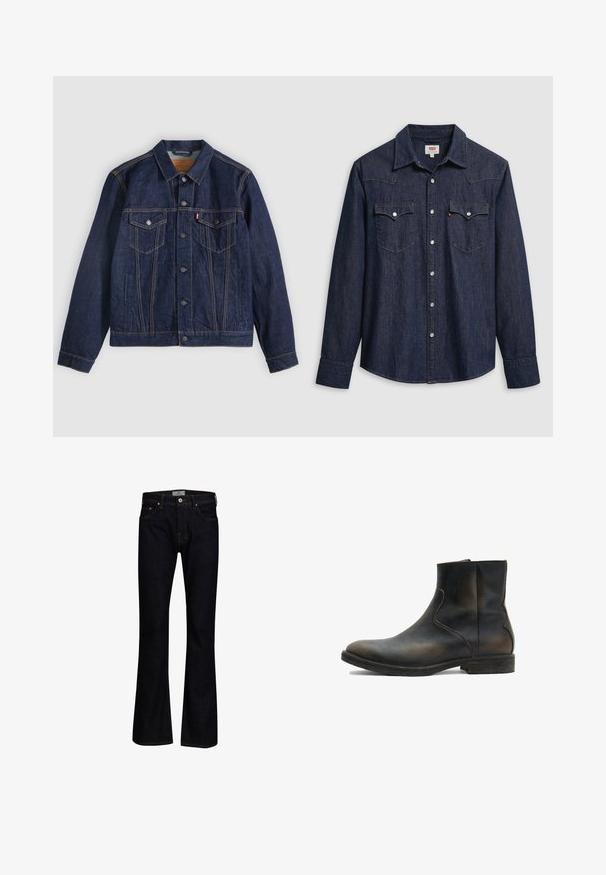 Donkerblauwe spijkerjack met kraag, knoopsluiting aan de voorkant, twee borstzakken en zijzakken. Contrasterende stiksels en logo-tab op de linkerzak.; Donkerblauw denimhemd met een puntige kraag, drukknoopsluiting en borstzakken. Heeft stikseldetail en lange mouwen.; Donkerblauwe flare jeans van denim met een gladde textuur. Beschikt over vijf zakken, messing hardware en contrasterende stiksels.; AllSaints LANG - Lage laarzen - brown