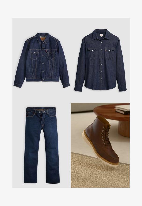 Mørkeblå denimjakke med krave, knaplukning foran, to brystlommer og sidelommer. Kontrastsyninger og fanebladslogo på venstre lomme.; Mørkeblå denimskjorte med spids krave, trykknapper og brystlommer. Har syningsdetaljer og lange ærmer.; Mørkeblå denimjeans med lige ben, fem lommer og gyldne syninger. Har knaplukning og kobbernitter. Glat tekstur.; Brune læderankelstøvle med beige sål på et struktureret beige tæppe ved siden af et rundt træbord med stakke af bøger.