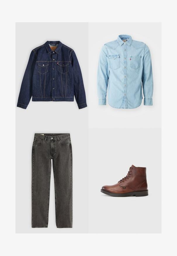 Veste en denim bleu foncé avec col, boutons sur le devant, deux poches poitrine et poches latérales. Couture contrastée et logo en forme d'onglet sur la poche gauche.; Chemise en denim bleu clair à manches longues avec un col pointu, deux poches poitrine, des boutons-pression argentés et des coutures contrastées. Texture lisse.; Jean droit noir délavé avec cinq poches, fermeture à bouton et passants de ceinture, posé à plat sur un fond blanc.; Bottine en cuir marron à lacets avec semelle noire, tige texturée et petite étiquette noire sur le côté.