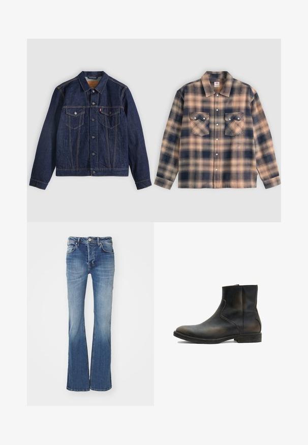 Mørkeblå denimjakke med krave, knaplukning foran, to brystlommer og sidelommer. Kontrastsyninger og fanebladslogo på venstre lomme.; Langærmet ternet skjortejakke i beige og mørkeblå med to forlommer med klap og hvide trykknapper ned langs midten.; Udbredte blå denim jeans med mellem vask, fem-lomme design og knaplukning. Har en falmet tekstur og let udtværing.; AllSaints LANG - Støvletter - brown