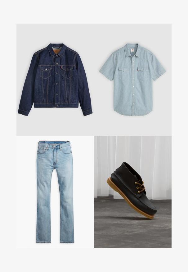 Dunkelblaue Jeansjacke mit Kragen, Knopfleiste, zwei Brusttaschen und Seitentaschen. Kontrastnähte und ein Logoschild auf der linken Tasche.; Kurzärmeliges Hemd in Hellblau mit weißen Streifen, ausgestattet mit einem traditionellen Kragen, zwei Brusttaschen und Knopfverschluss. Aus Baumwollmaterial.; Hellblaue Jeans aus Denim, mit geradem Bein, fünf Taschen, kontrastierenden Nähten und einem Knopfverschluss am Bund.; Schwarze Lederschuhe mit glatter Oberfläche, runder Zehenform, braunen Schnürsenkeln und hellbraunen Gummisohlen. Logo an der Seite geprägt.