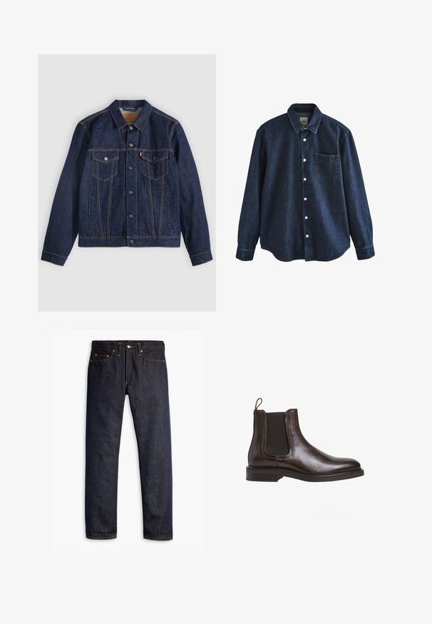 Mørkeblå denimjakke med krave, knaplukning foran, to brystlommer og sidelommer. Kontrastsyninger og fanebladslogo på venstre lomme.; Mørkeblå denim skjorte med lange ærmer, knapper foran, krave og en enkelt brystlomme, vist mod hvid baggrund.; Mørkeblå denimjeans med lige pasform, fem-lomme design, kobbernitter, gul syning og et markant struktureret stof.; Brune læder Chelsea støvle med elastiske sidepaneler, løkke til at trække op med, og en lav stablet hæl. Glat tekstur og slank silhuet.