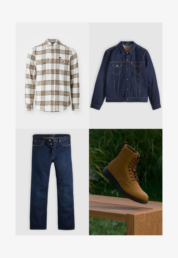 Mørkeblå denimjakke med krave, knaplukning foran, to brystlommer og sidelommer. Kontrastsyninger og fanebladslogo på venstre lomme.; Lee CLEAN WESTERN - Skjorter - ecru ochre plaid; Mørkeblå denimjeans med lige ben, fem lommer og gyldne syninger. Har knaplukning og kobbernitter. Glat tekstur.; Brune ruskinds ankelstøvle med brune snørebånd, en sort gummisål og en glat finish, vist over en træoverflade mod grønne omgivelser.