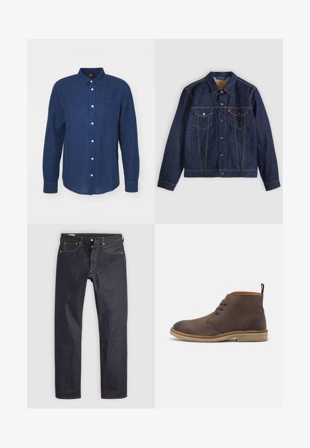 Veste en denim bleu foncé avec col, boutons sur le devant, deux poches poitrine et poches latérales. Couture contrastée et logo en forme d'onglet sur la poche gauche.; Chemise à manches longues bleu foncé avec un col boutonné, boutons blancs et un logo brodé discret sur la poitrine. Texture douce, coupe droite.; Jean en denim bleu foncé à coupe droite, avec des coutures orange et un style classique à cinq poches. Fermeture par bouton et braguette à glissière.; Bottine en cuir marron à bout rond, avec un laçage et une semelle en caoutchouc crème. Dispose d'une languette à l'arrière.