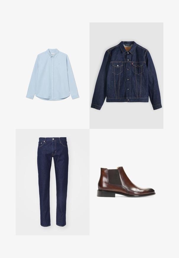 Dunkelblaue Jeansjacke mit Kragen, Knopfleiste, zwei Brusttaschen und Seitentaschen. Kontrastnähte und ein Logoschild auf der linken Tasche.; Himmelblaues langärmliges Button-up-Hemd mit spitzem Kragen, einem einzelnen Brustlogo und abgerundetem Saum. Hergestellt aus glattem Gewebe mit schlichter Textur.; Marineblaue Denim-Jeans mit geradem Schnitt, fünf Taschen, kontrastierendem orangenem Nahtdesign und einem silbernen Knopfverschluss an der Taille.; Braune Leder-Stiefelette mit elastischen Seiteneinsätzen, glatter Oberfläche, genähten Details und einem niedrigen rechteckigen Absatz.