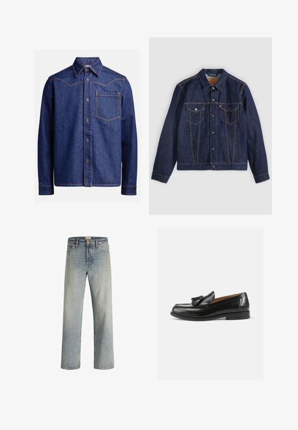 Donkerblauwe spijkerjack met kraag, knoopsluiting aan de voorkant, twee borstzakken en zijzakken. Contrasterende stiksels en logo-tab op de linkerzak.; Donkerblauwe denim overhemd met lange mouwen, puntige kraag, knoopsluiting, borstzak en contrasterende oranje stiksel.; Lichtblauwe denim jeans met een rechte pijp, hoge taille en subtiele vervaging. Voorzien van vijf zakken en een traditionele knoopsluiting.; Zwarte leren instappers met een kwastaccent, een ronde neus en een gladde afwerking. De zool is plat met een minimaal profiel.