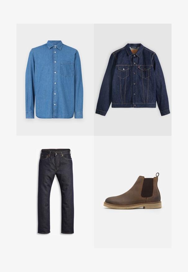 Mørkeblå denimjakke med krave, knaplukning foran, to brystlommer og sidelommer. Kontrastsyninger og fanebladslogo på venstre lomme.; Denimskjorte, lys blåt, lange ærmer, knaplukning foran, krave, enkelt brystlomme, lige kant, subtil tekstur, afslappet design.; Mørkeblå denimjeans med lige snit, fem-lomme design, metalbeslag og kontrasterende orange syninger. Glat tekstur, ingen synlige mønstre.; Brune læder Chelsea-støvle med elastiske sidepaneler, afrundet tå, løftestrop og en lys brun struktureret sål.