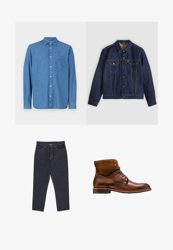Dunkelblaue Jeansjacke mit Kragen, Knopfleiste, zwei Brusttaschen und Seitentaschen. Kontrastnähte und ein Logoschild auf der linken Tasche.; Jeanshemd, hellblau, langärmlig, knöpfbarer Vorderteil, Kragen, eine Brusttasche, gerader Saum, subtile Textur, lässiges Design.; Dunkelblaue Denim-Jeans mit geraden Beinen, Fronttaschen, Gürtelschlaufen und sichtbaren Nähten auf weißem Hintergrund.; Kazar ALID - Schnürstiefelette - brown